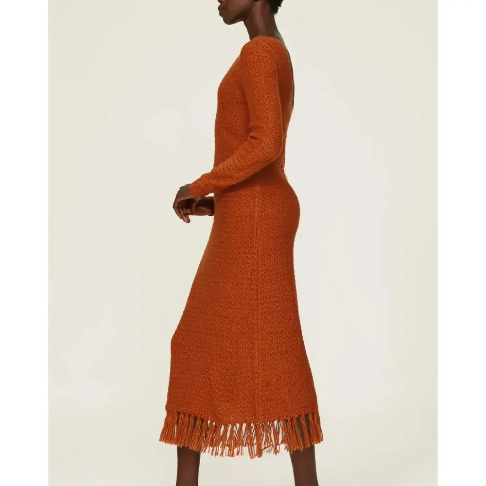 Pamela Love Clay Brown Crochet Maxi Dress LARGE Sweater Fringe Designer $395 - Picture 2 of 13